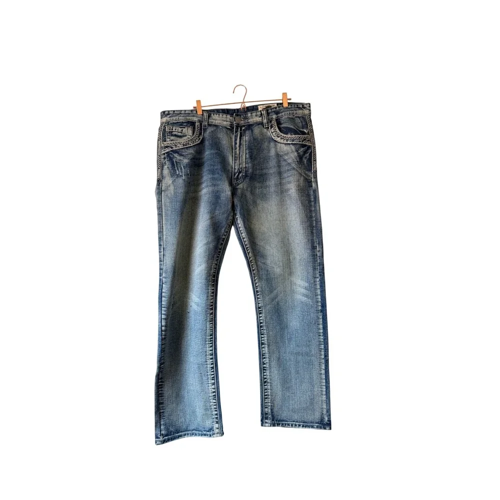 Dylan Slim Fit GS115 Mens Distressed Acid Wash Thick Stitch Jeans Blue 38x32